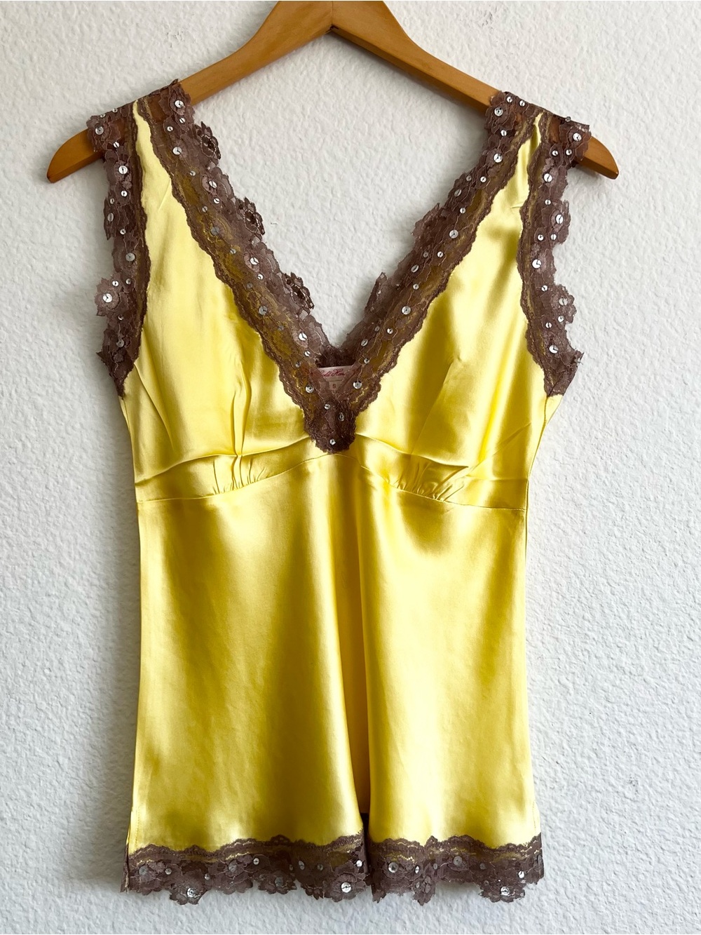 Gold Hawk 💯 Silk Yellow Lace- & Sequins Trim Camisole